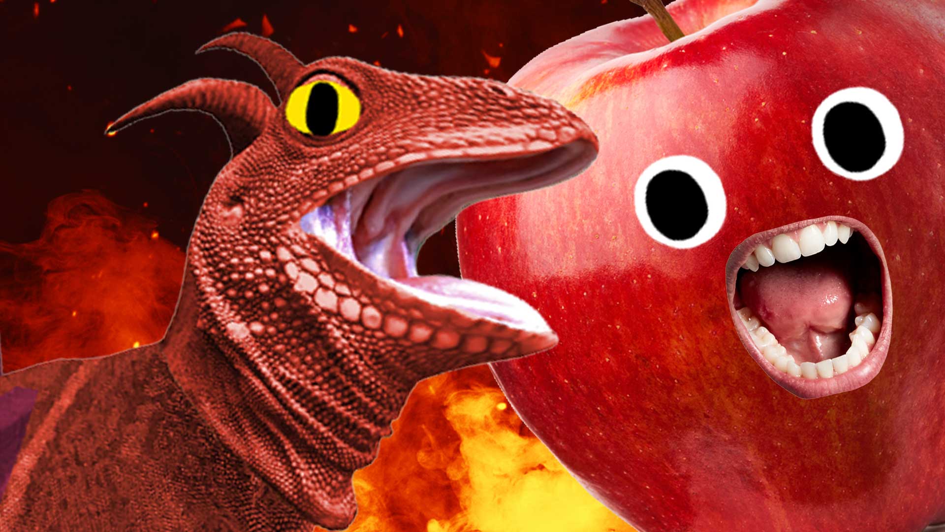 A dragon and a big red apple