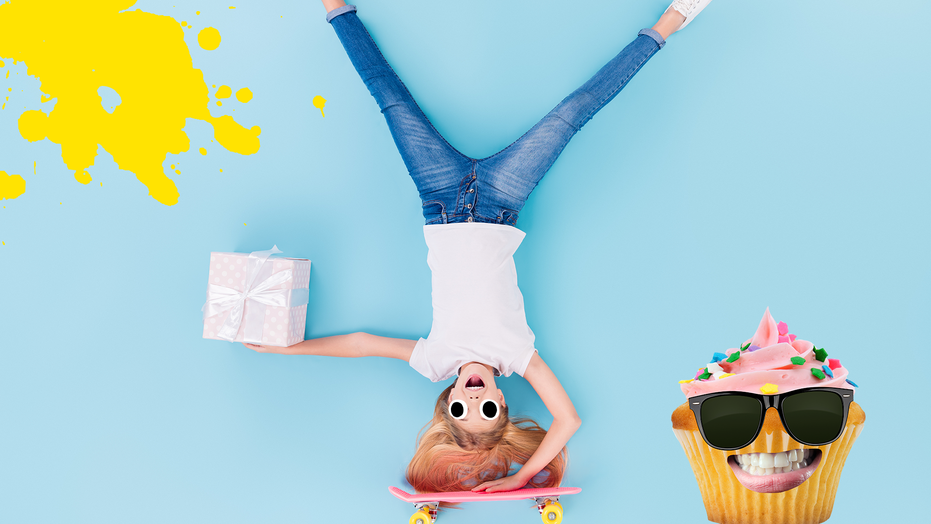 Girl upsidedown on skateboard with present and cool fairy cake