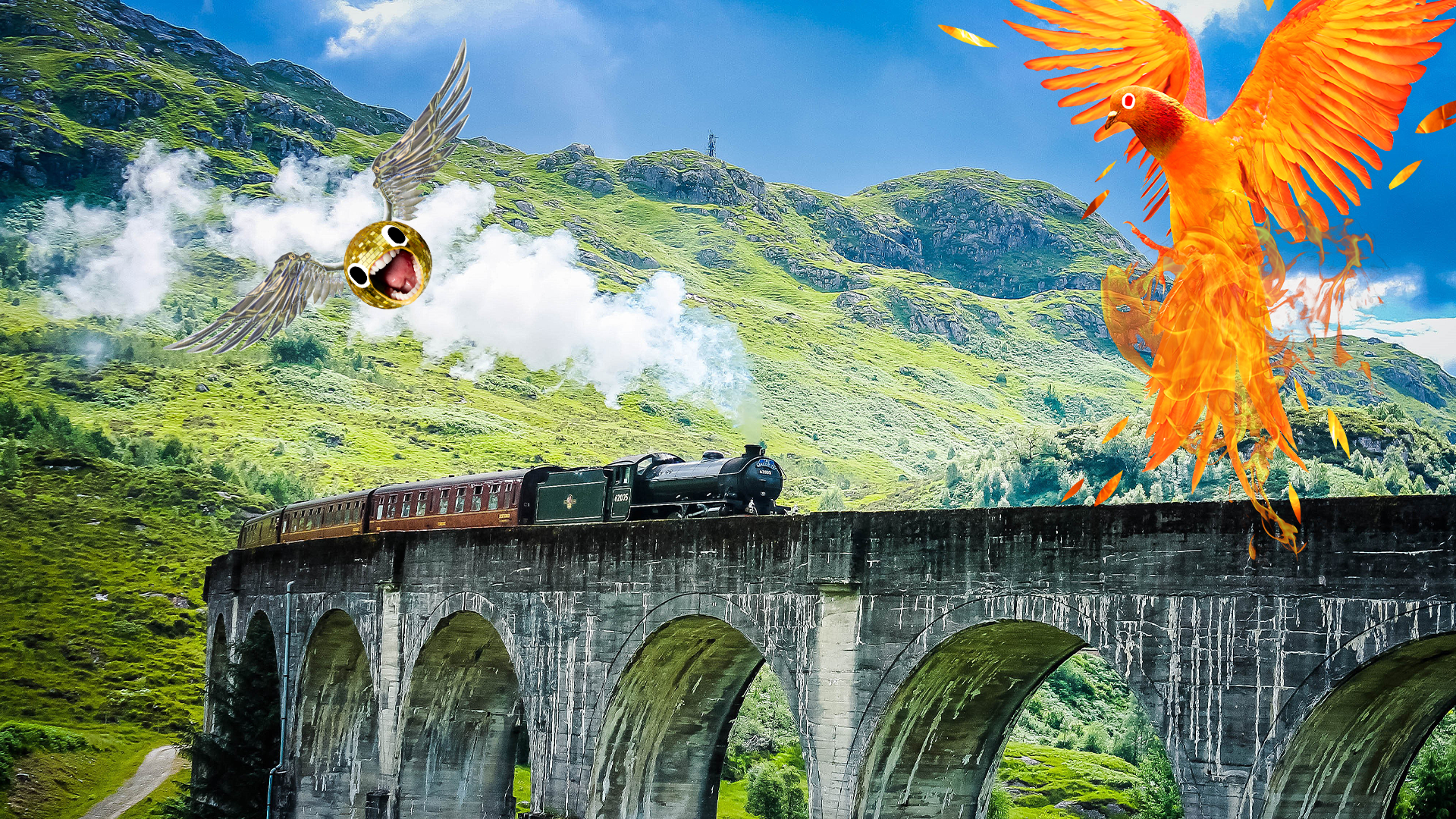 Steam train on viaduct with screaming snitch and phoenix