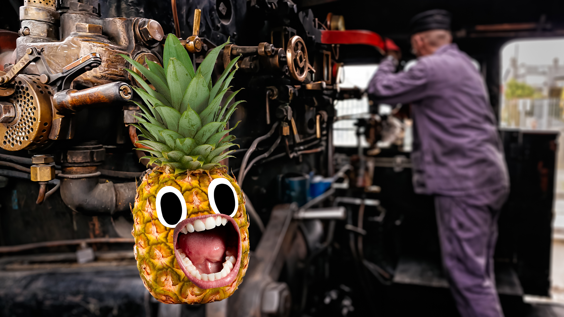 Steam train engine with man and screaming pineapple 