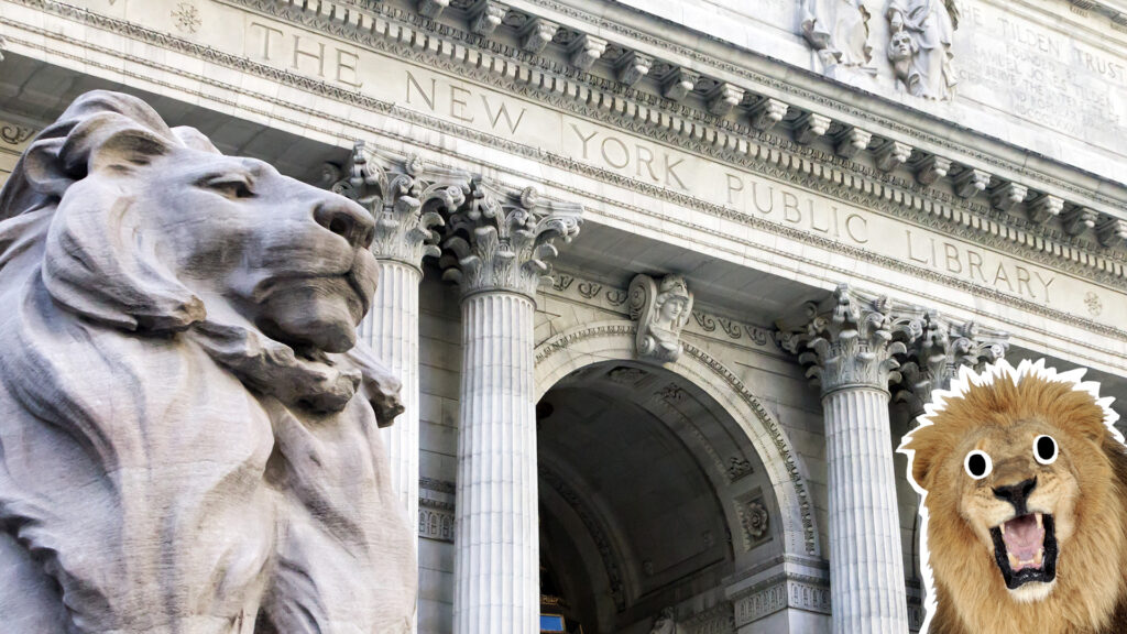 A marble lion outside the New York Public library