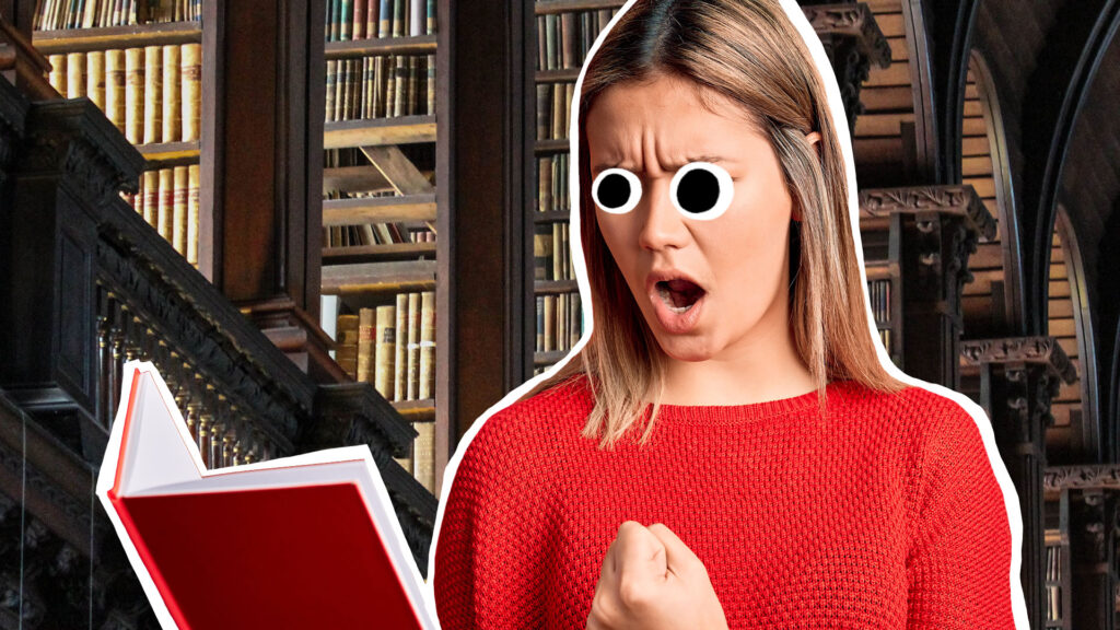 A woman reading loudly in a quiet library