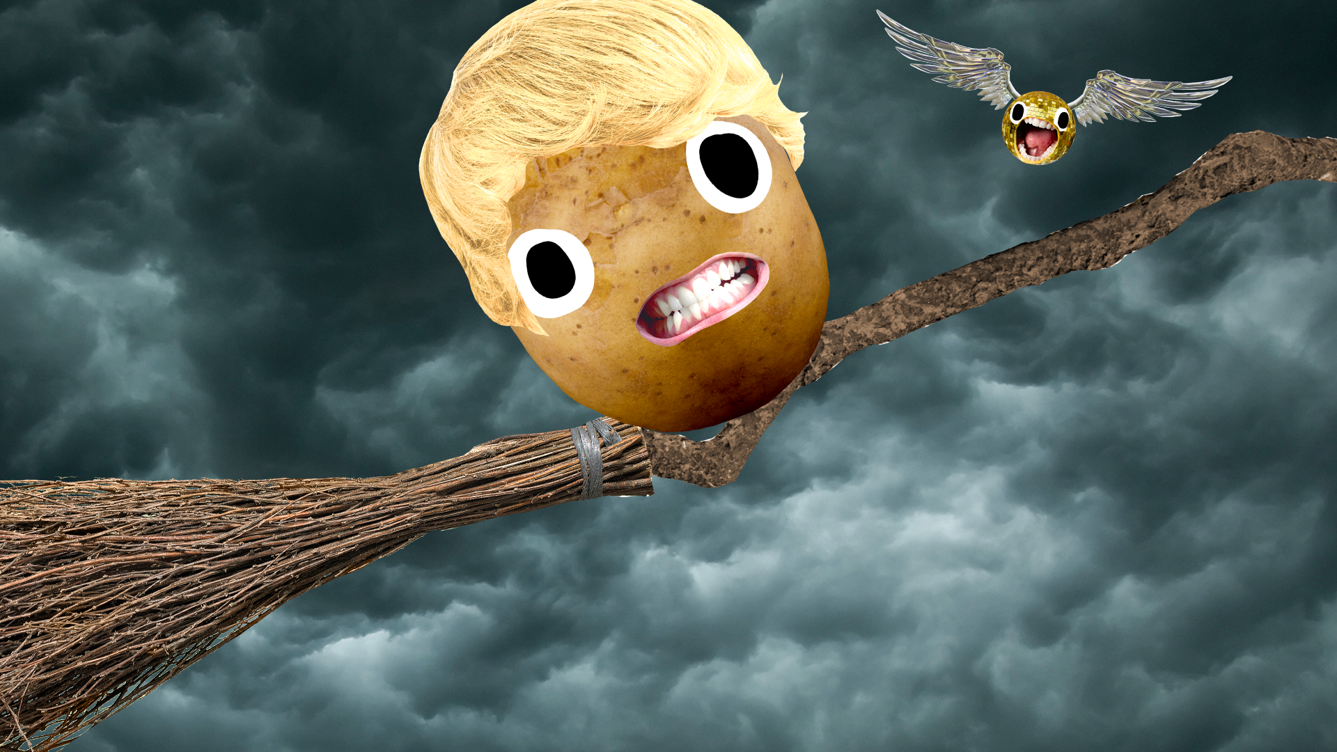 Malfoy potato on broom with Beano snitch on cloud background