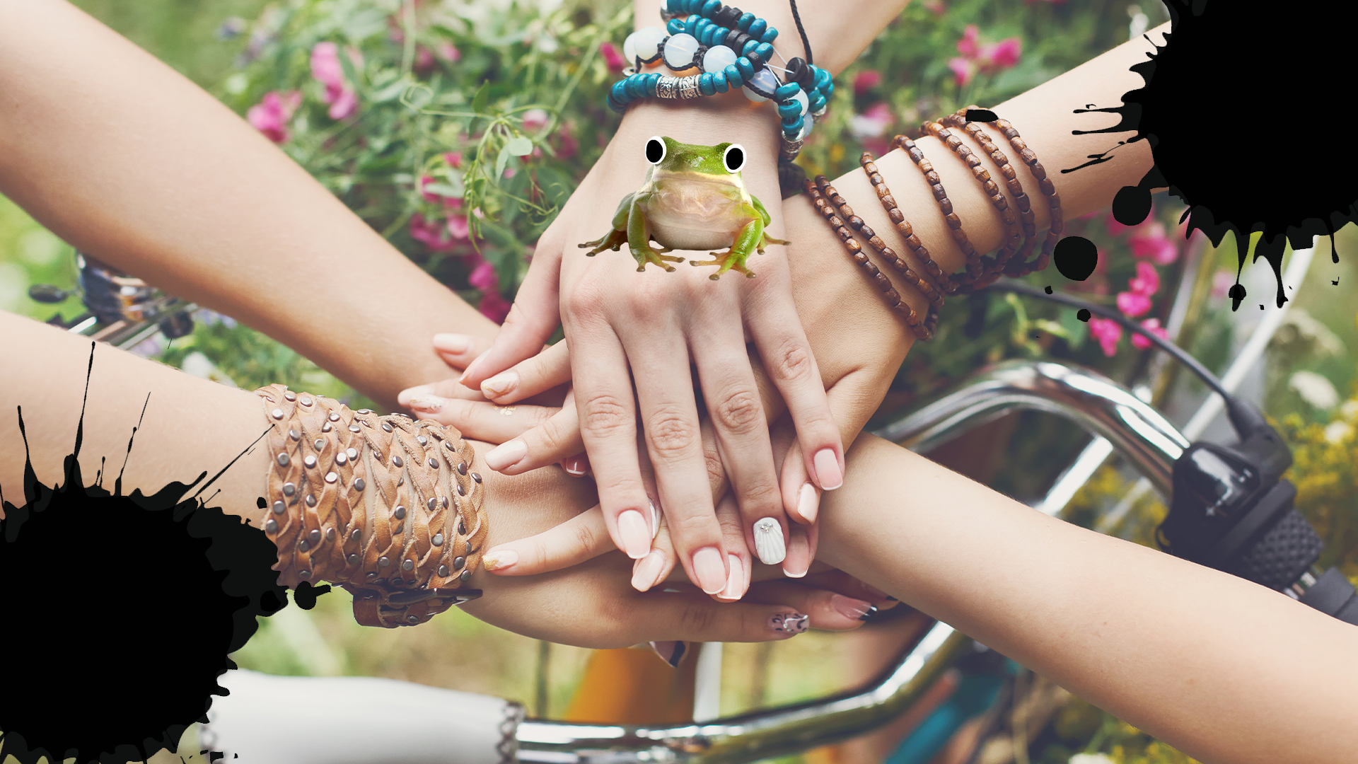 Friends touching hands and frog