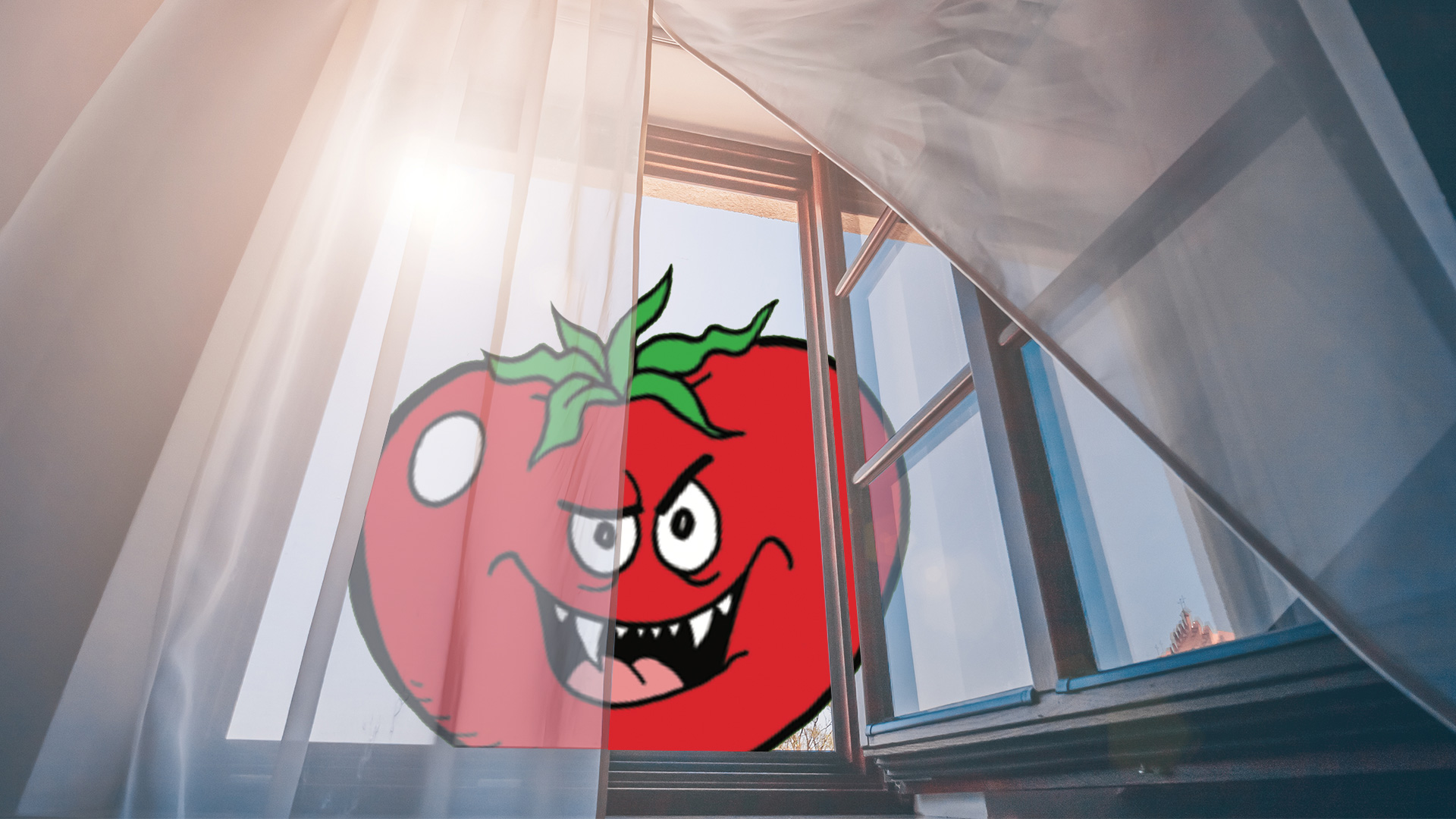 A giant tomato as seen through a bedroom window