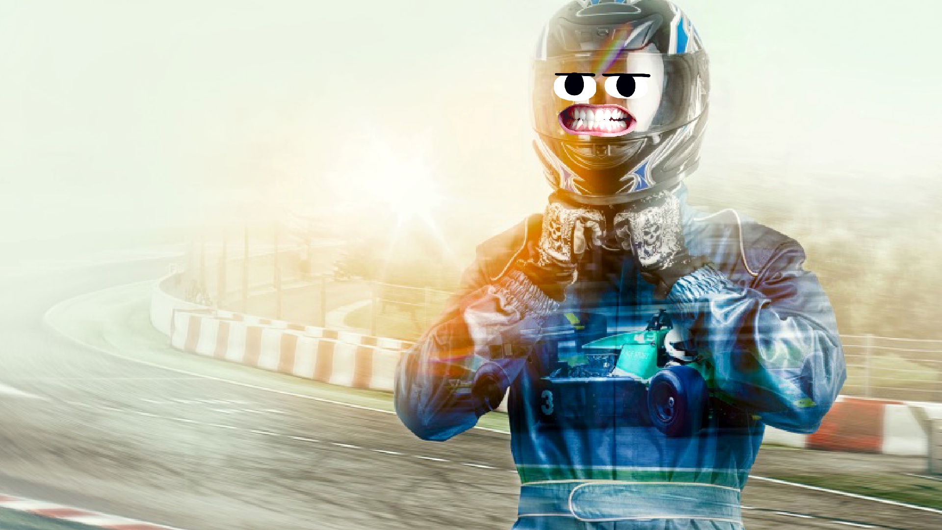 A picture of a race car driver in a blue boiler suit and helmet