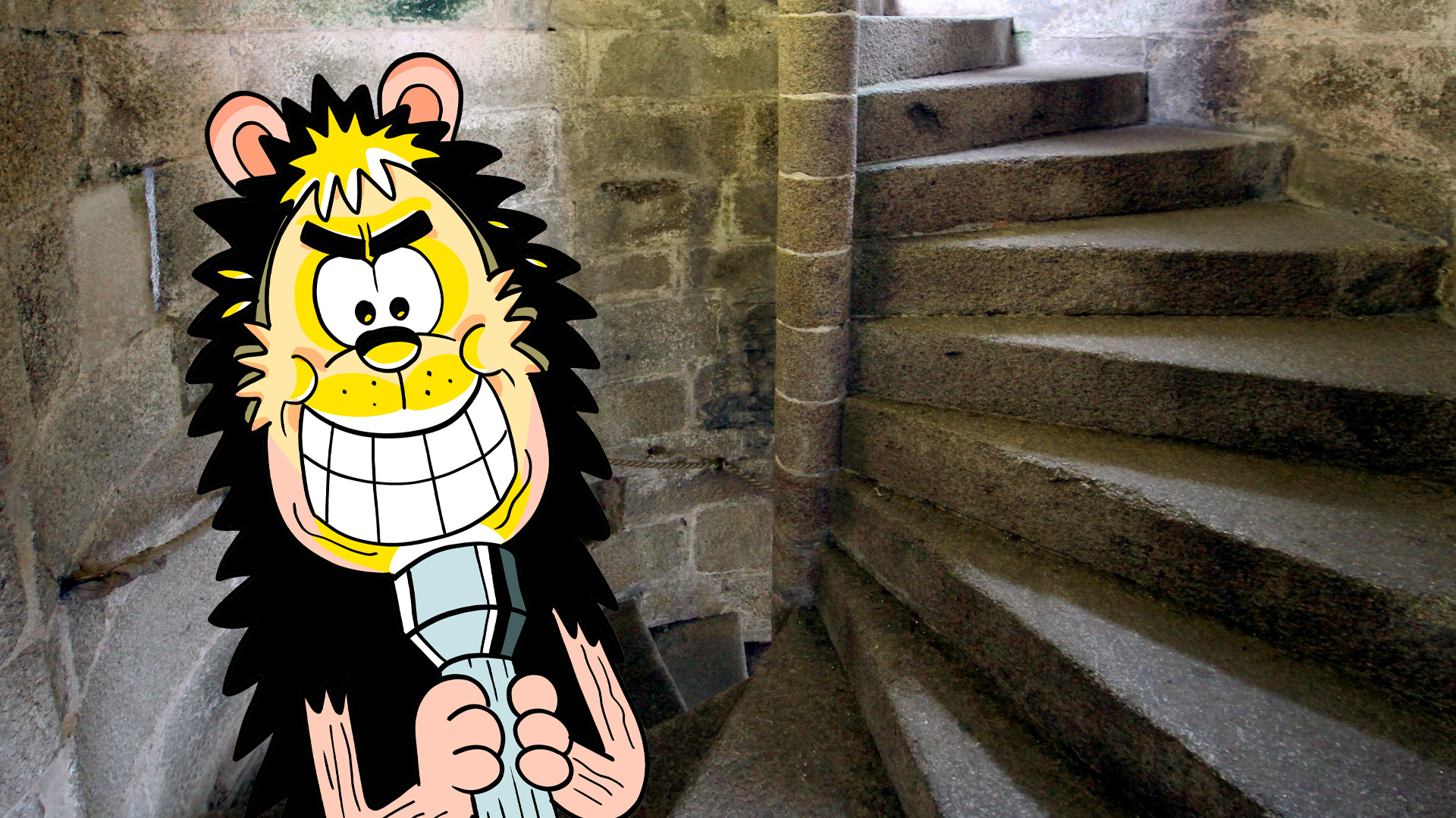 Gnasher on the stairs of Bunkerton