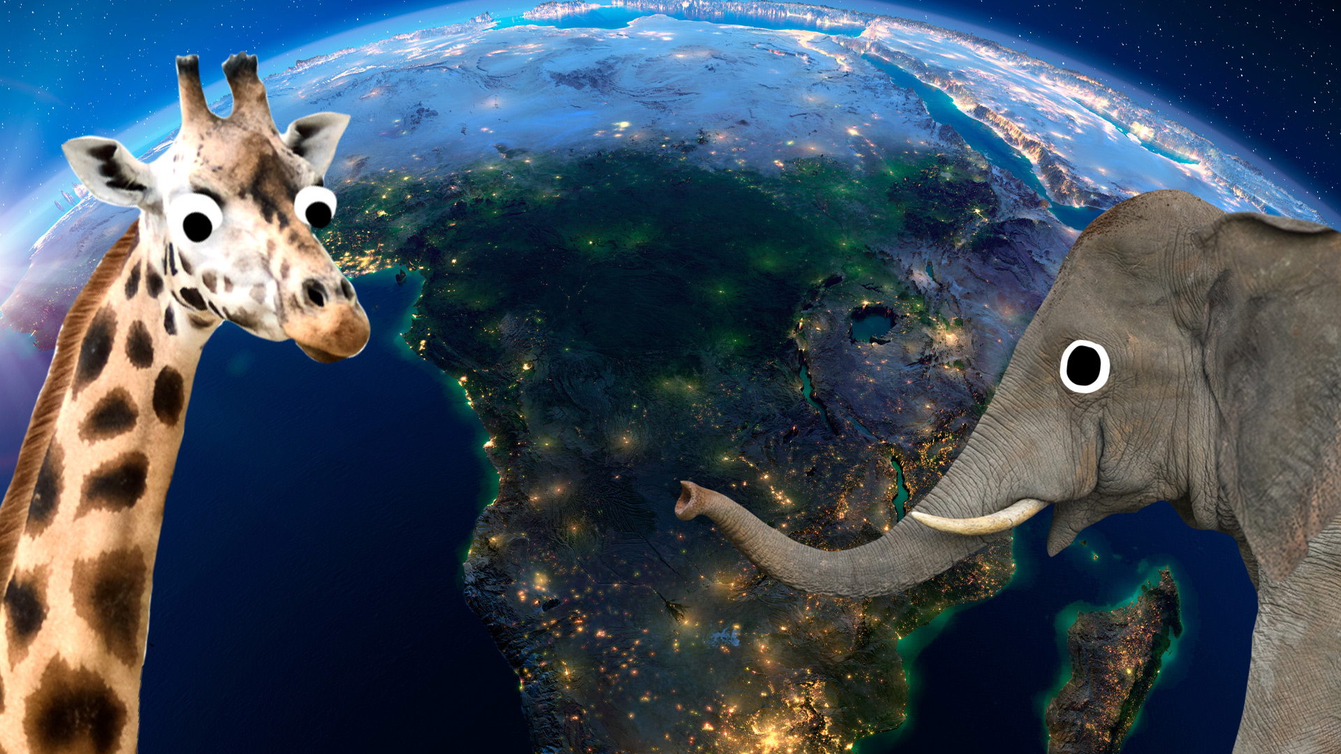 A giraffe and an elephant look at a satellite photo of the African continent