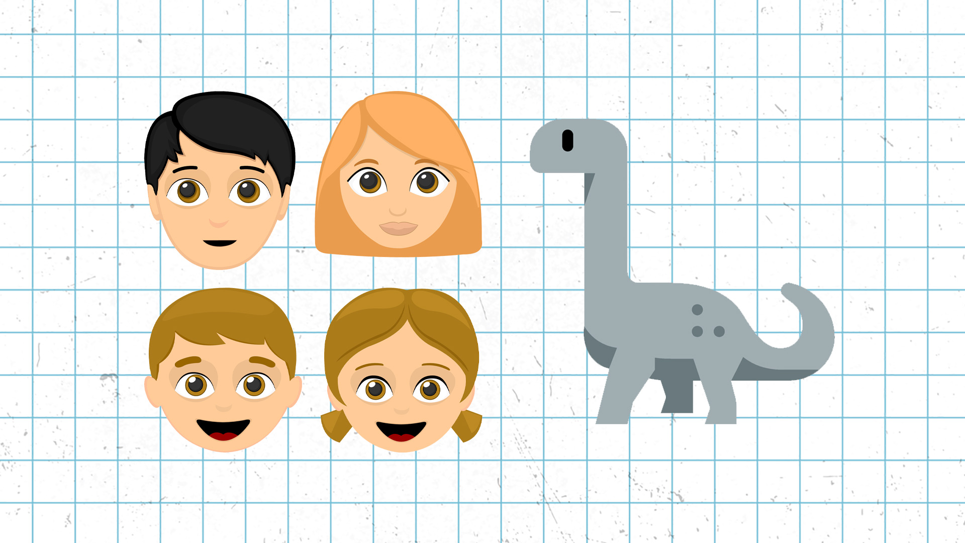 Emojis: four humans and a dinosaur