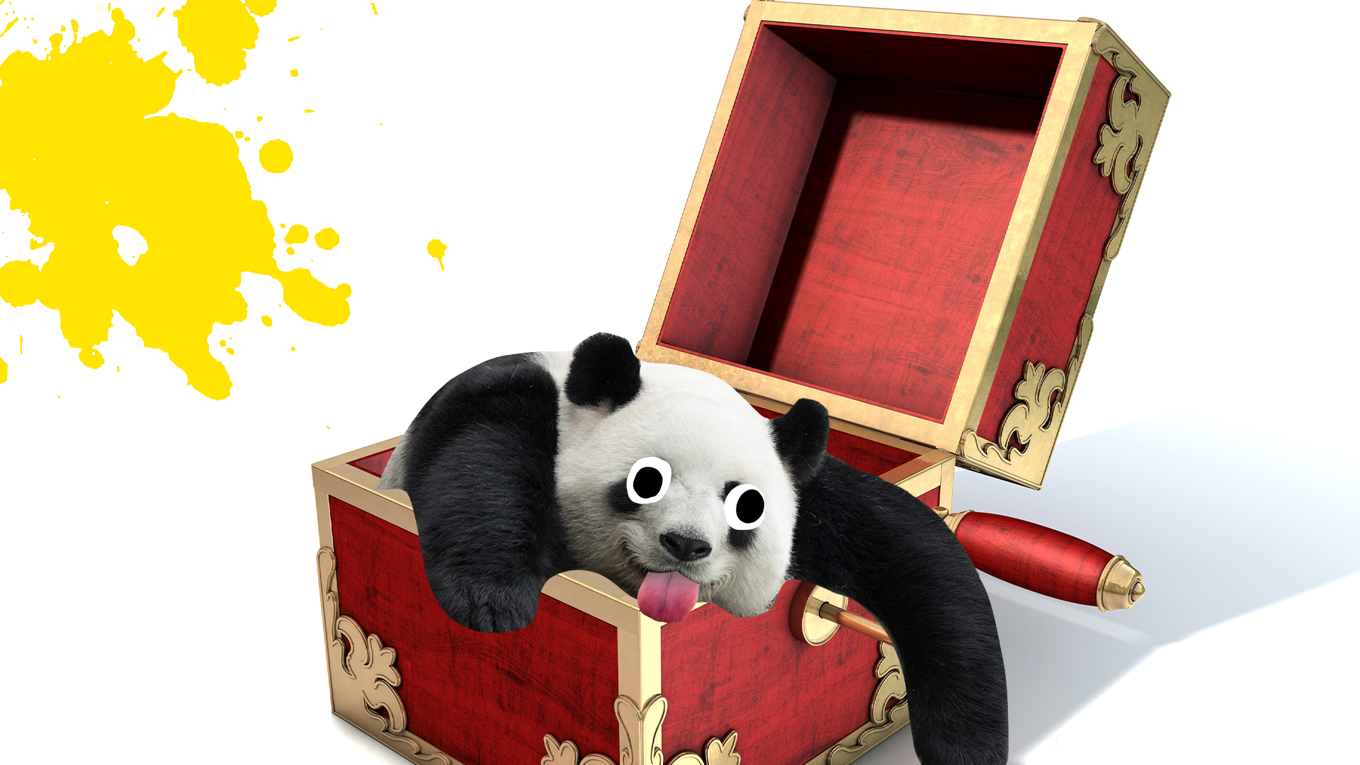 Derpy panda in a jack in the box with splats