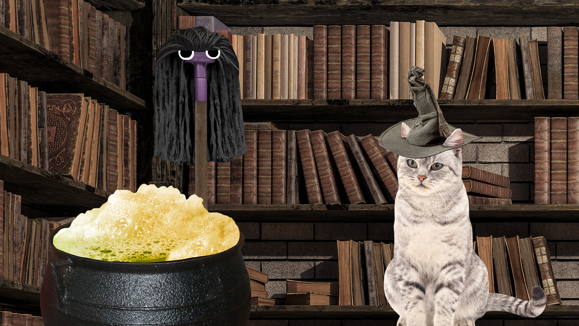 Snape and McGonagall in a library room with a bubbling cauldron