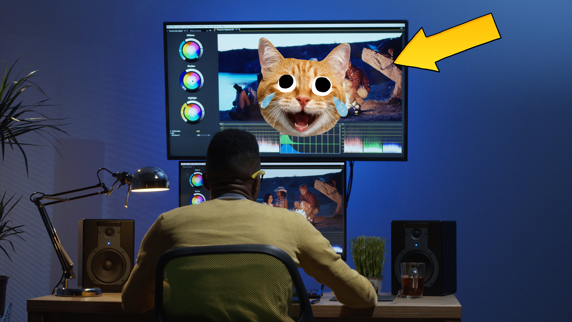 A person on a computer with a cat on the screen