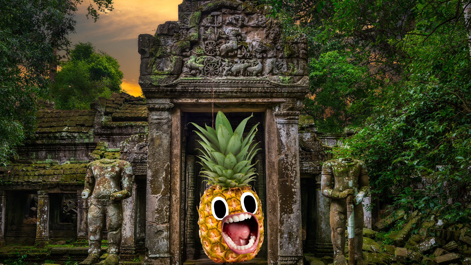 Screaming pineapple in ancient temple