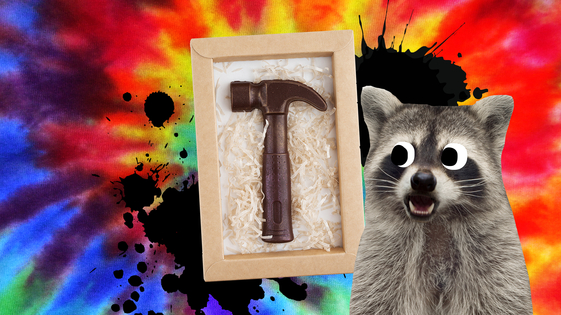A raccoon and a chocolate hammer