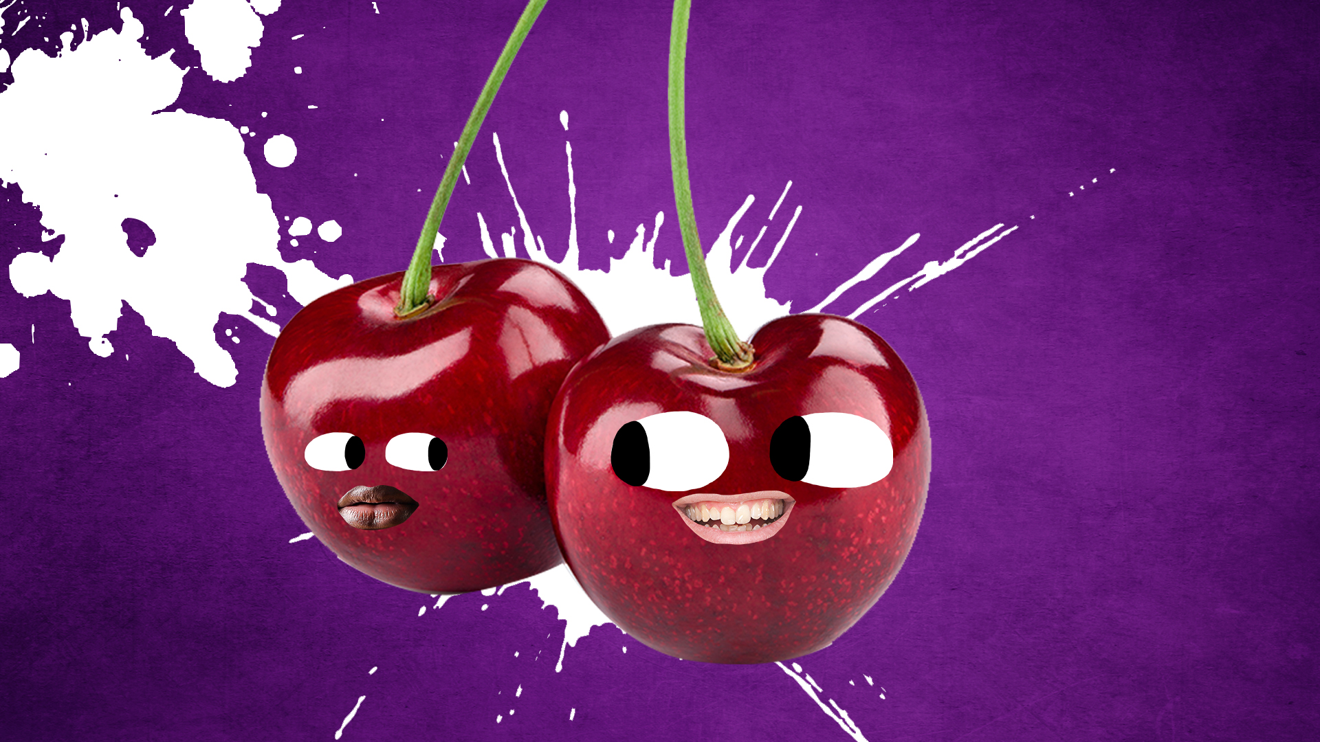 two cherries with faces look at each other