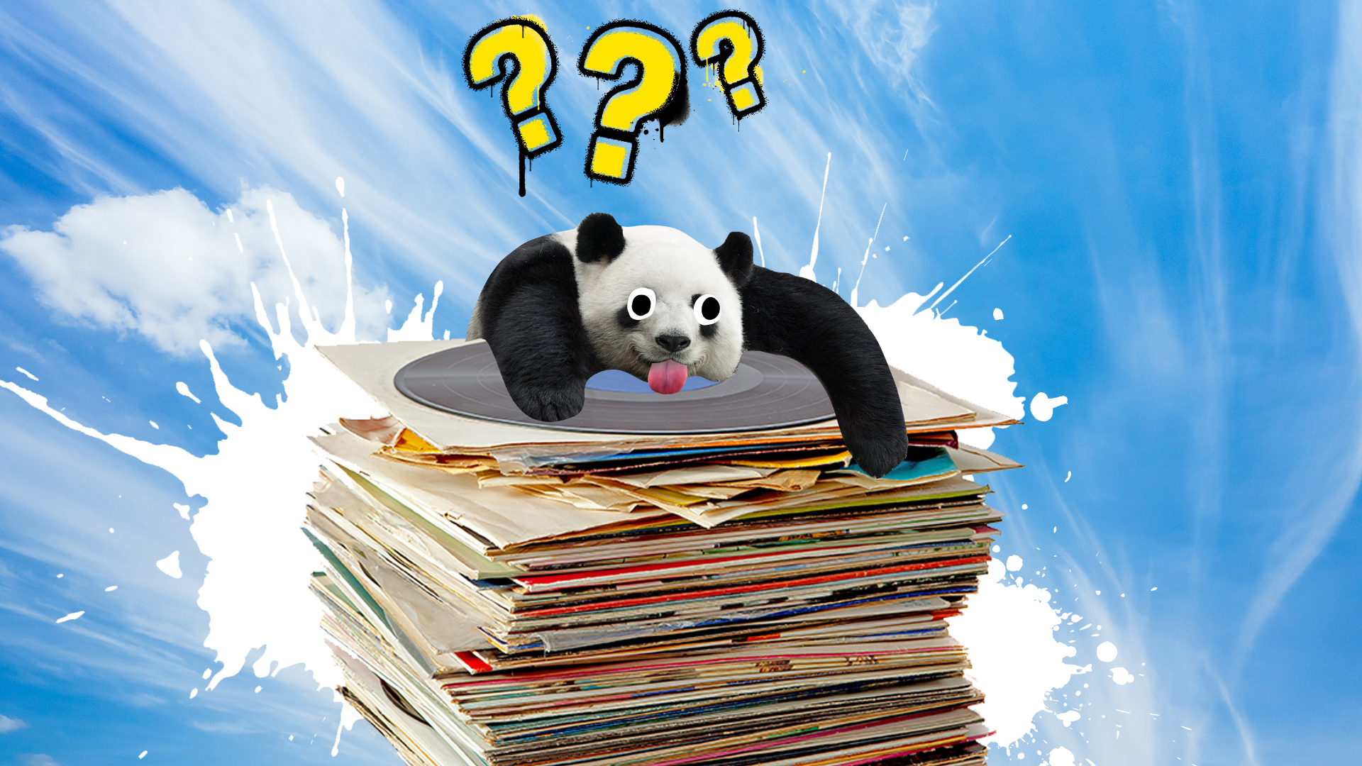 A panda lies on a pile of vinyl records