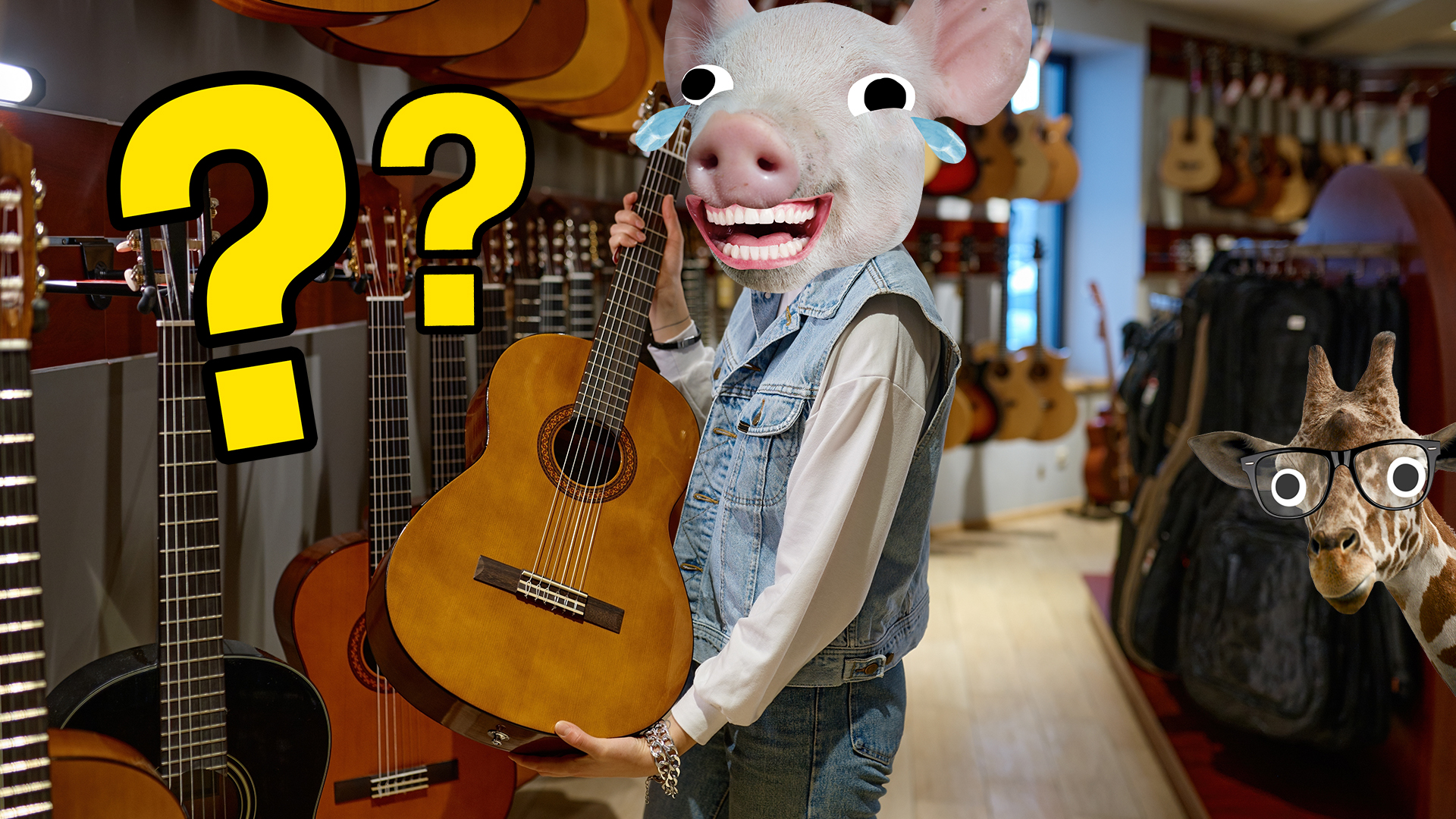 A human with the head of a pig looks at an acoustic guitar, laughing