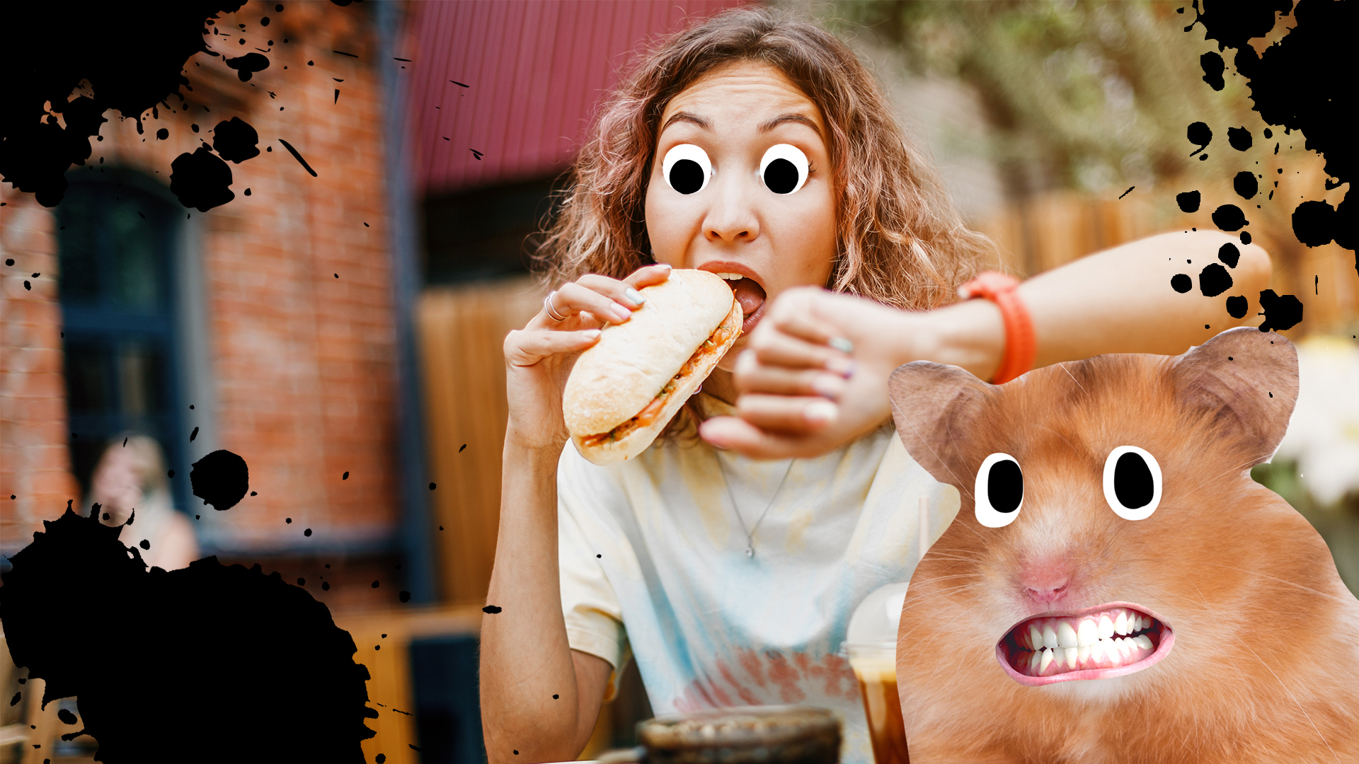 A woman eats a sandwich but is also shocked by the time