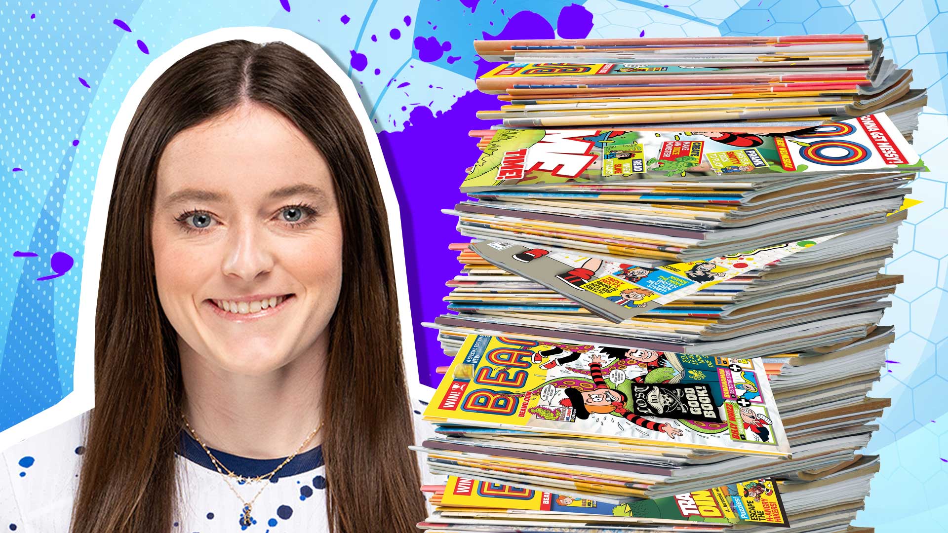 Rose Lavelle and a stack of Beano comics