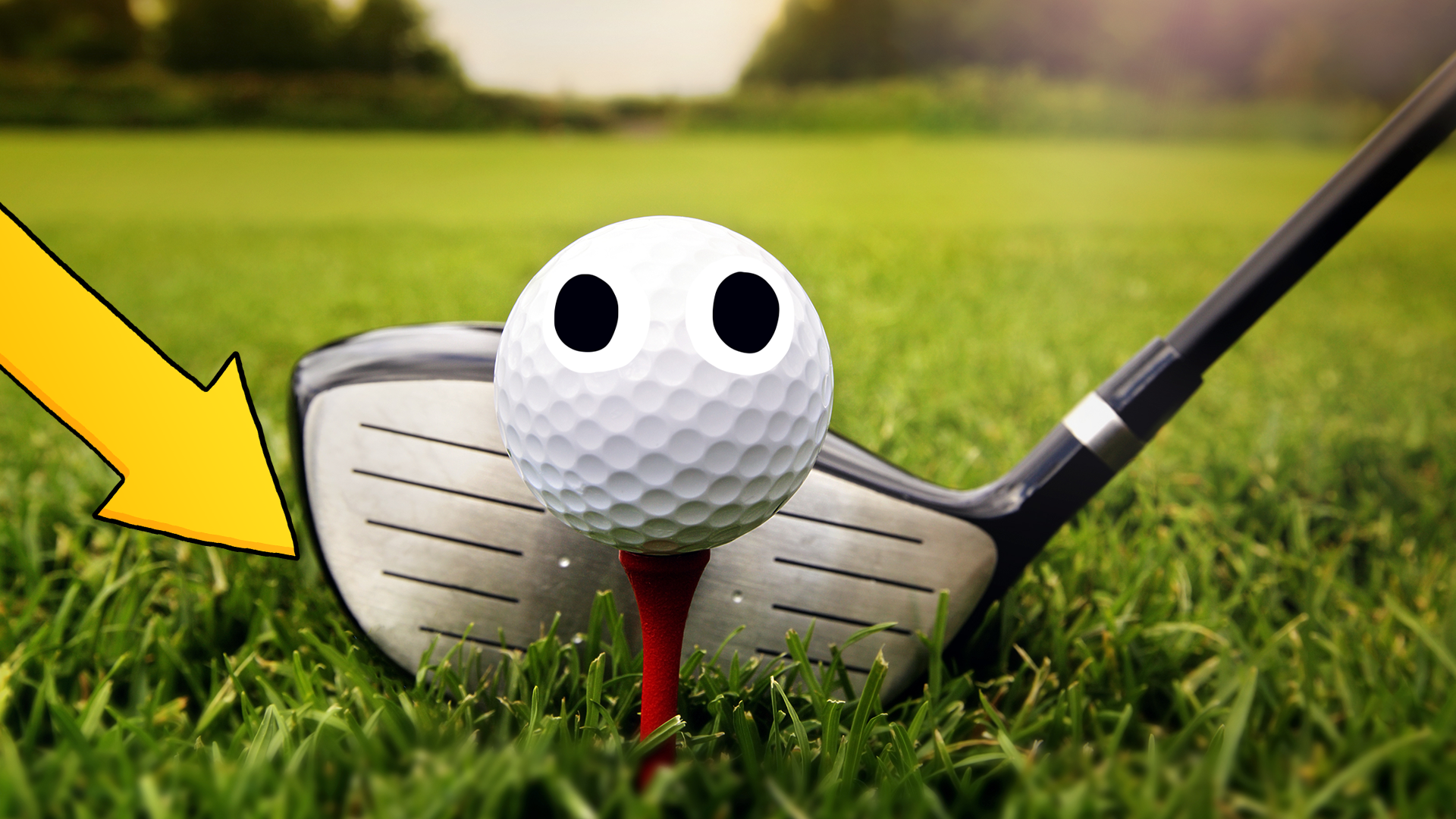 Golf ball with eyes and club and arrow
