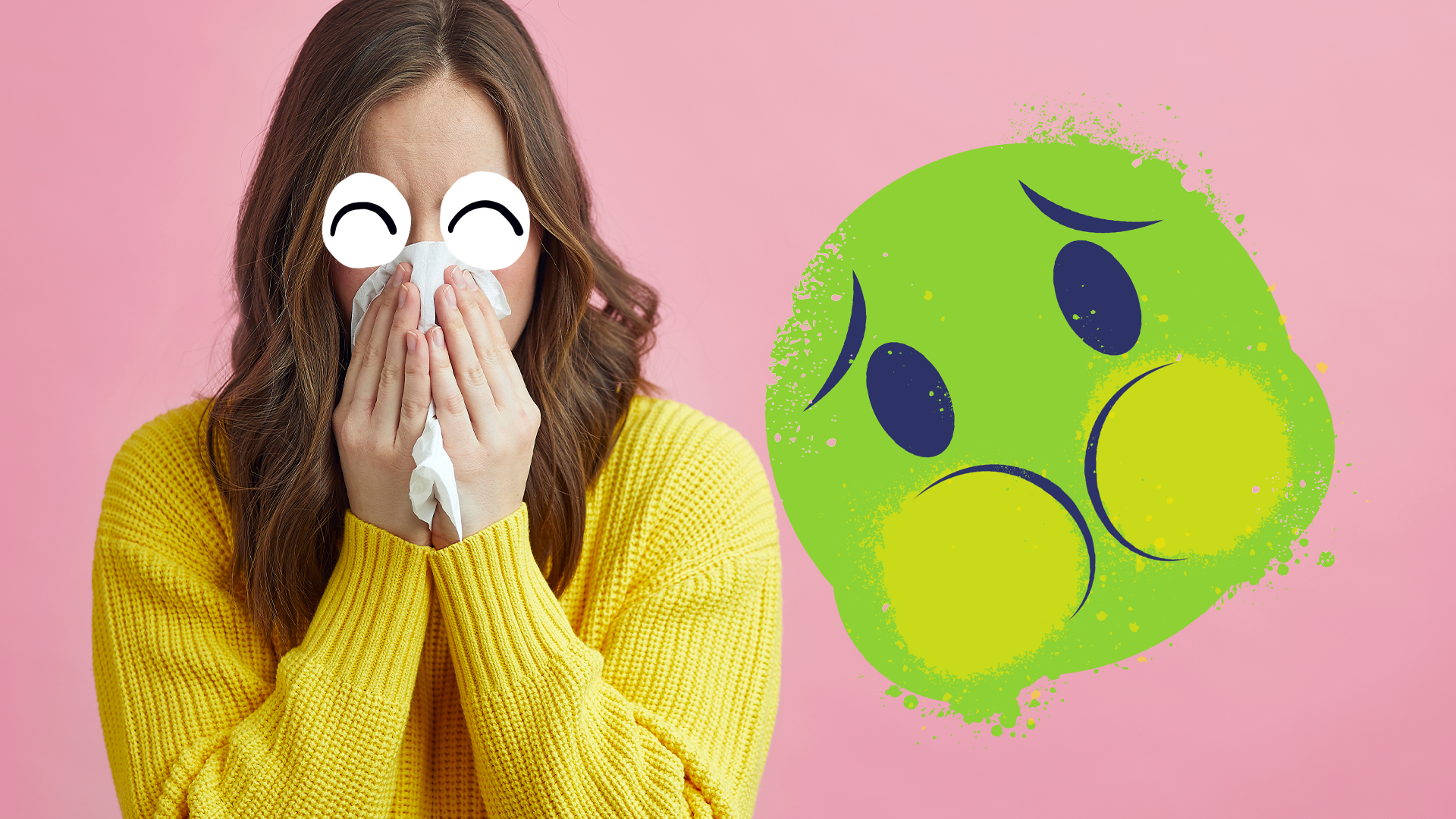 Woman sneezing and gross emoji