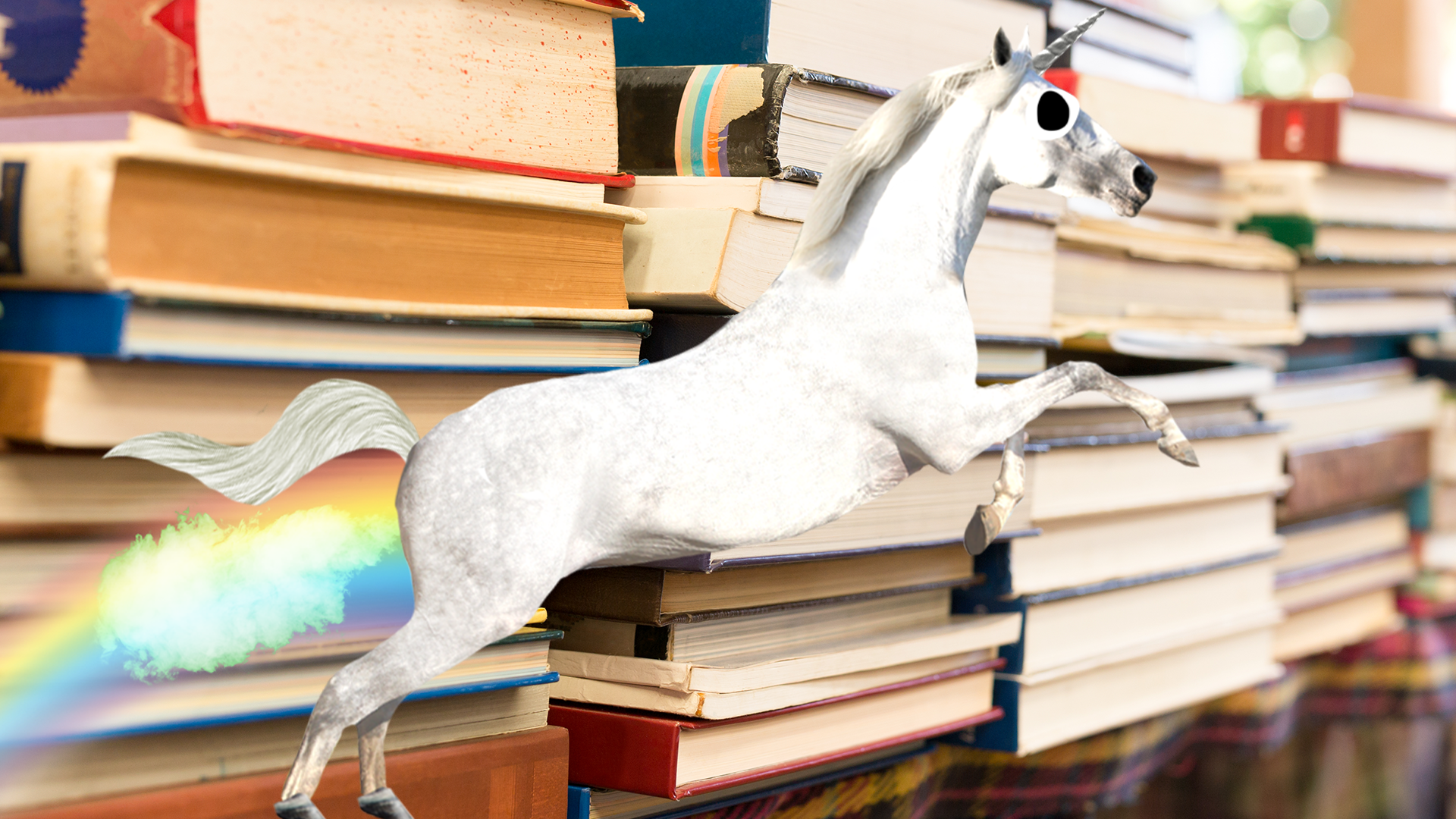 Farting unicorn and pile of books