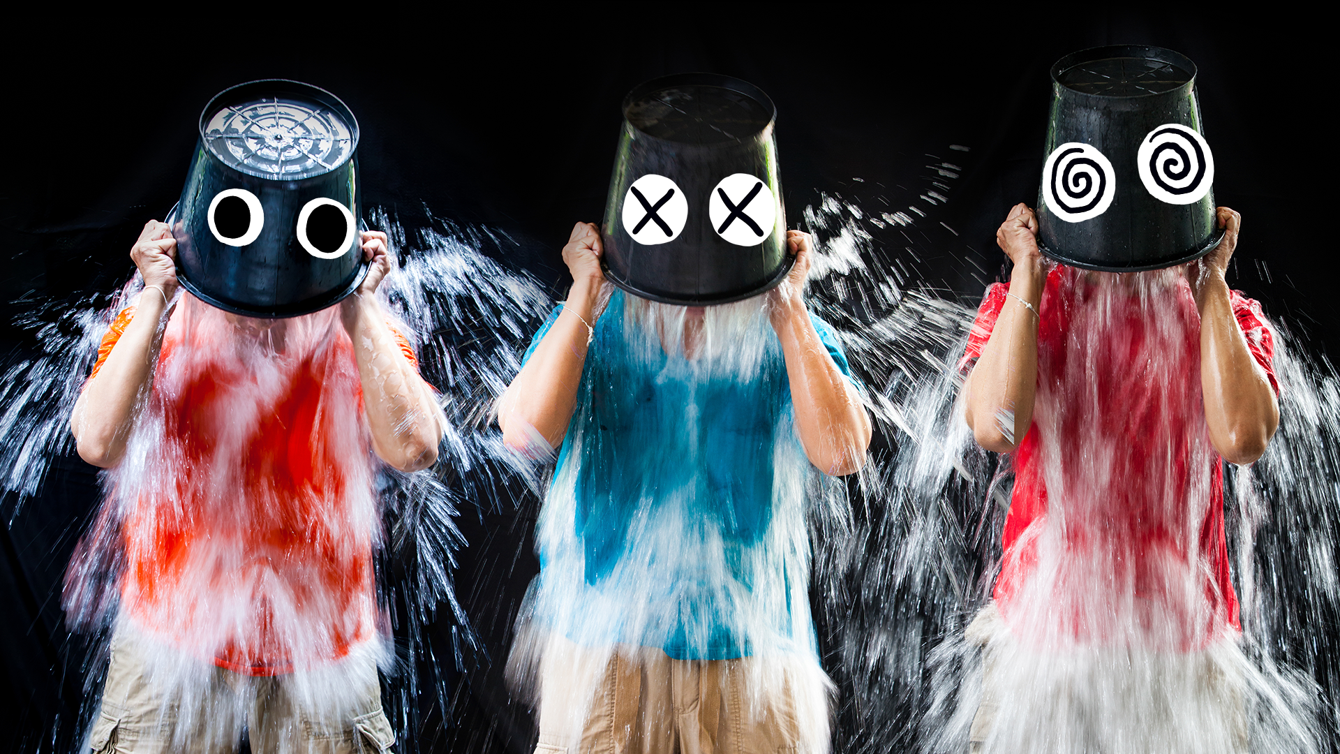 Three people pouring buckets of water over their heads