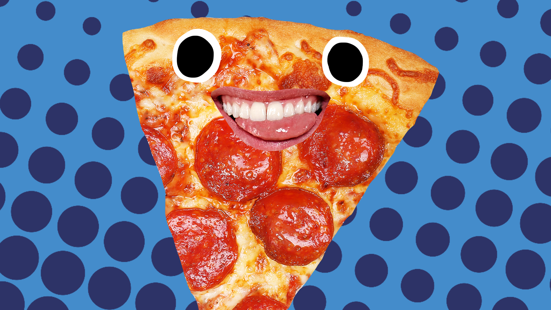 Happy pizza on blue background 