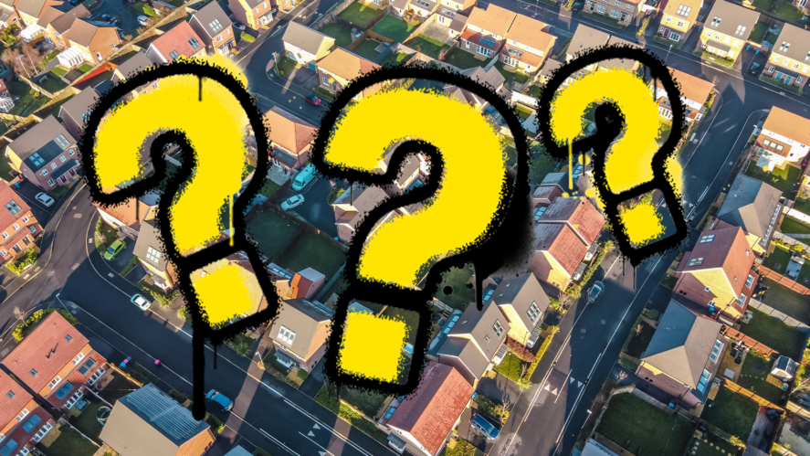 Suburban houses and question marks