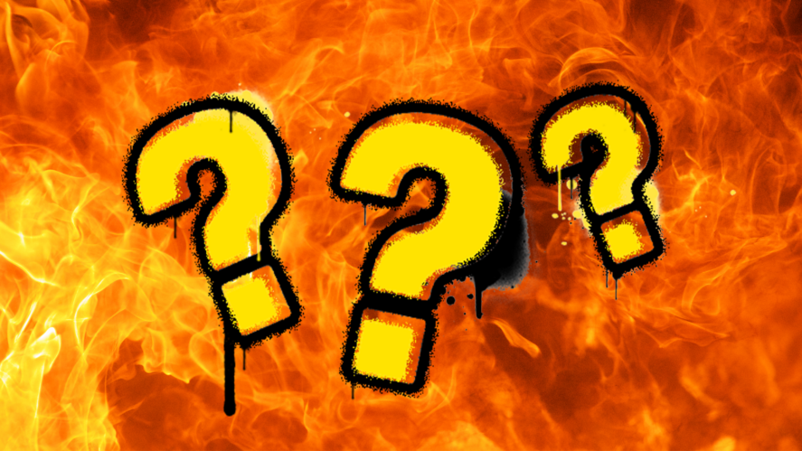 Question marks on fiery background