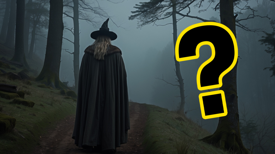 Mysterious wizard in woods and question mark