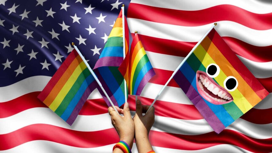 Pride flags in front of the USA flag