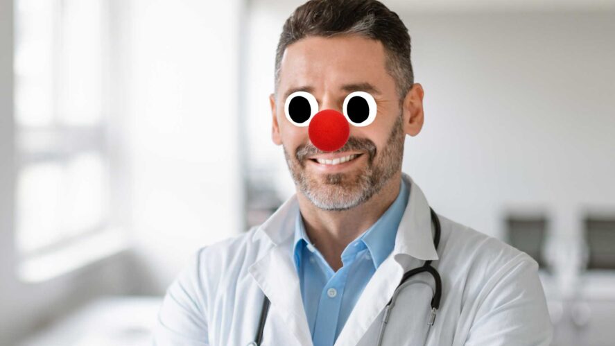 A doctor wearing a clown nose