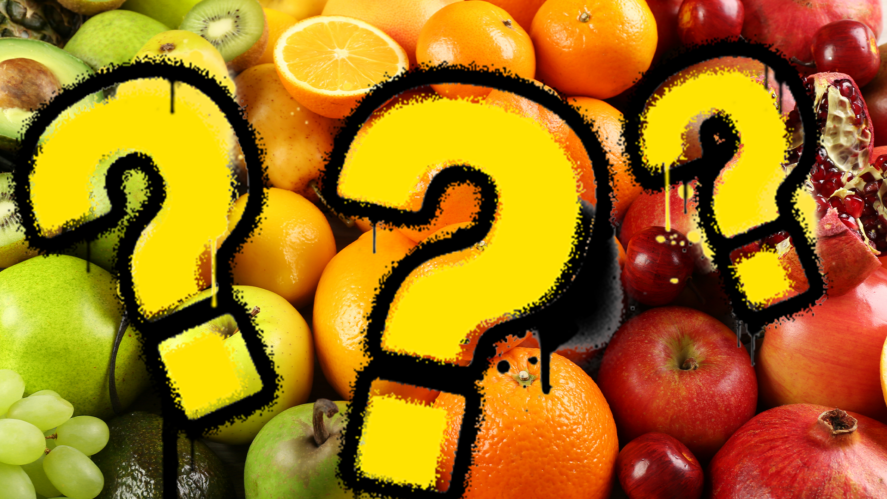 Question marks on fruit background