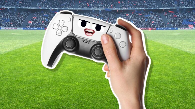 A gaming controller with a football pitch in the background