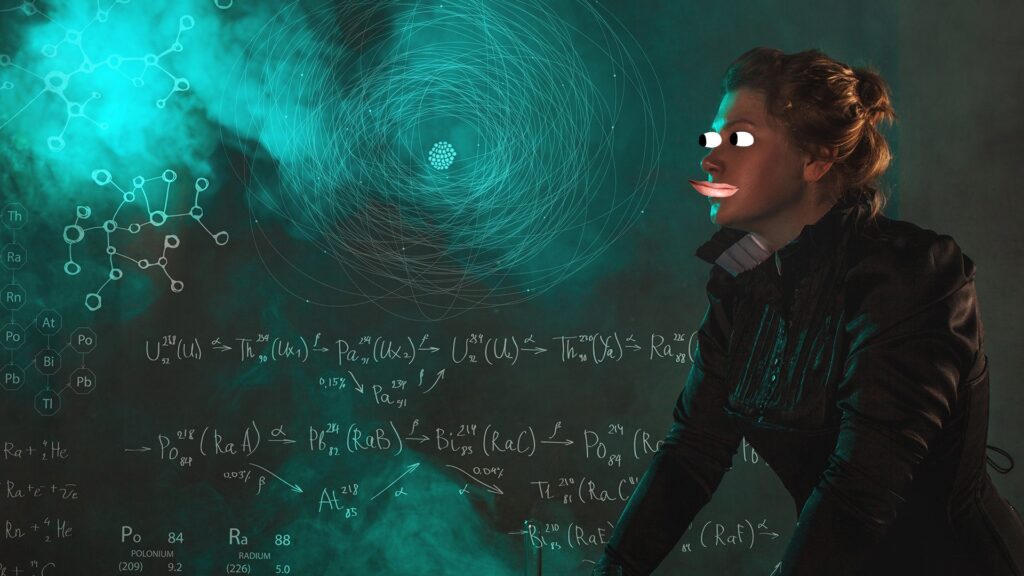 A scientist surrounded by equations