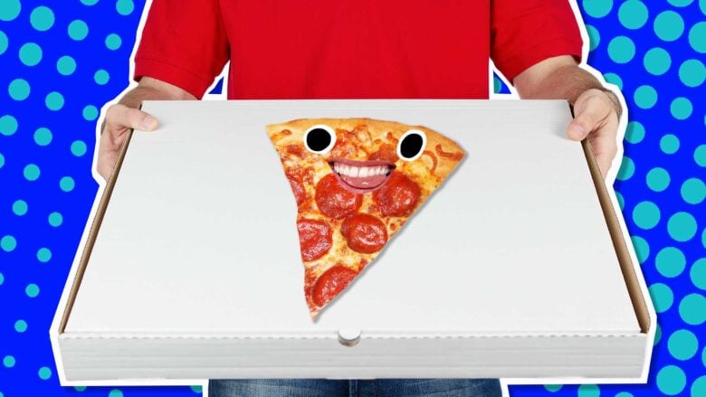 A slice of pizza on a takeaway box