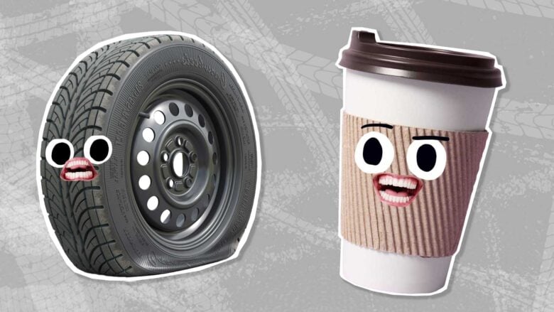 A flat tyre being chased by a takeaway coffee