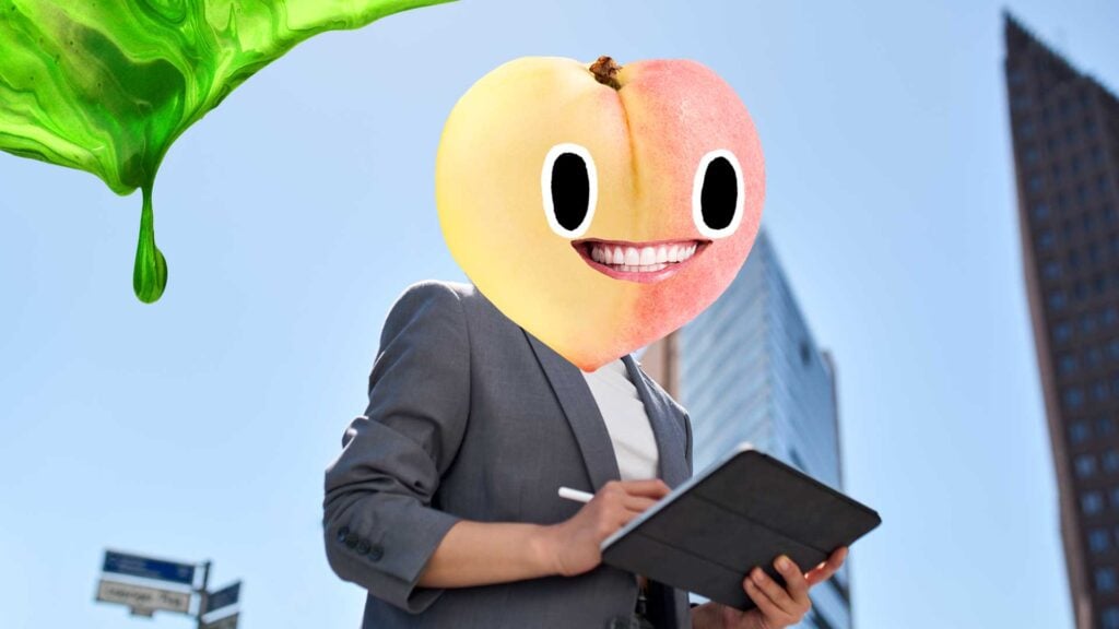 A business person with a peach head in a sunny USA street