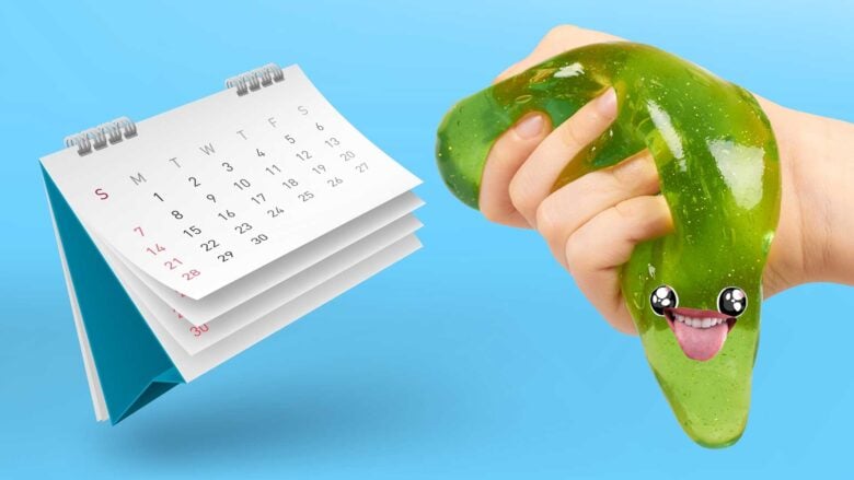 A handful of green slime and a desk calendar