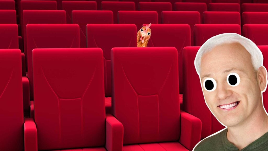 Beano John Lithgow in a cinema with a chicken hiding in the background