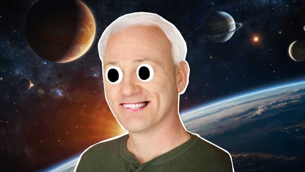 A man with a planets background