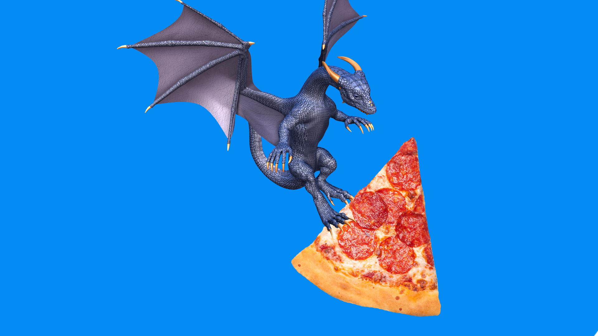 A dragon carrying a slice of pepperoni pizza