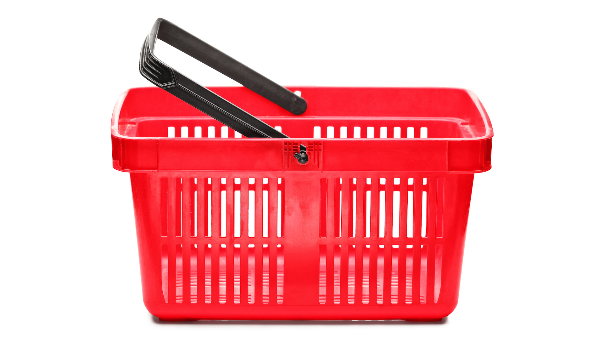 A red plastic shopping basket