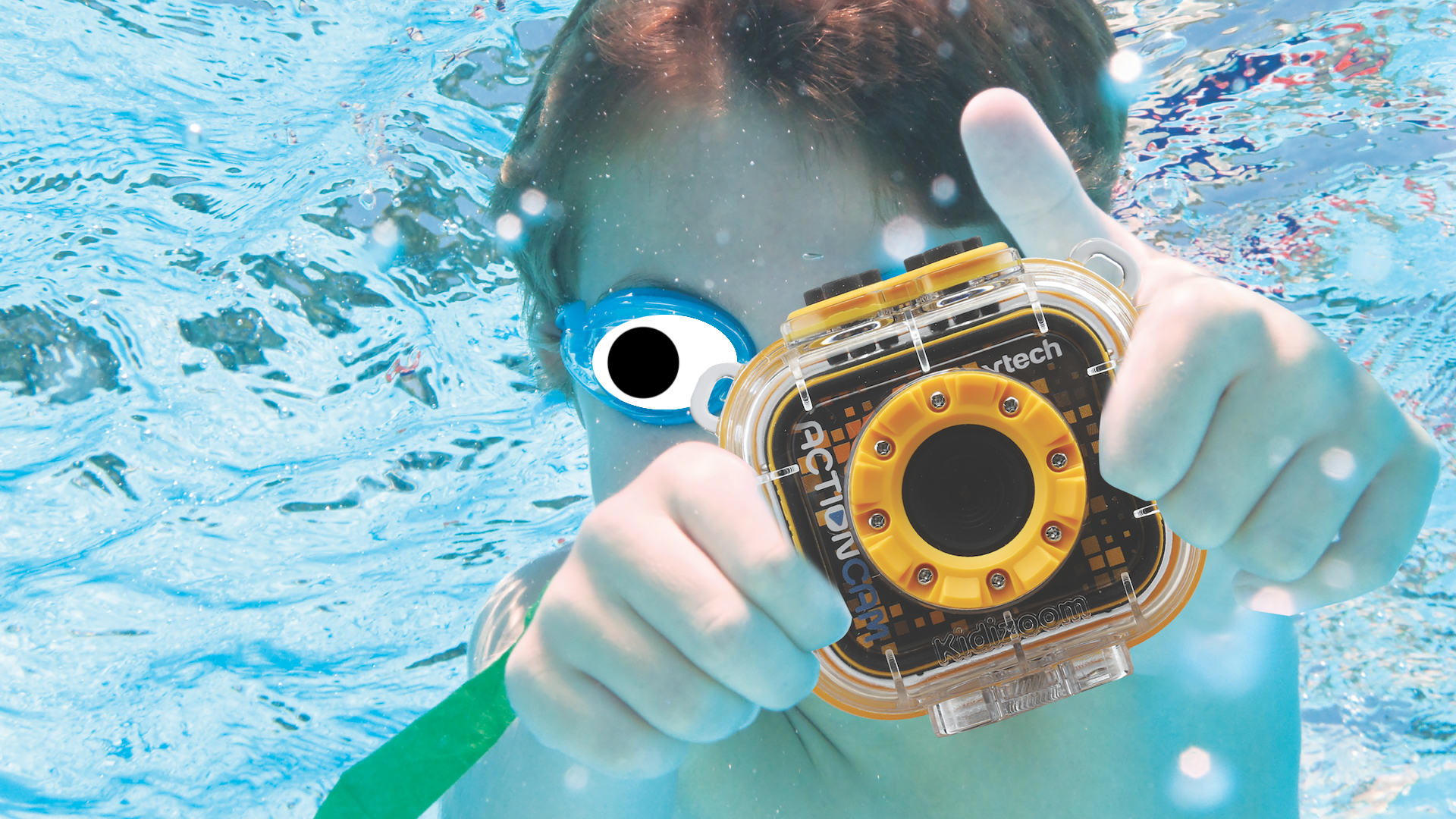 A close up of the VTech action cam underwater 