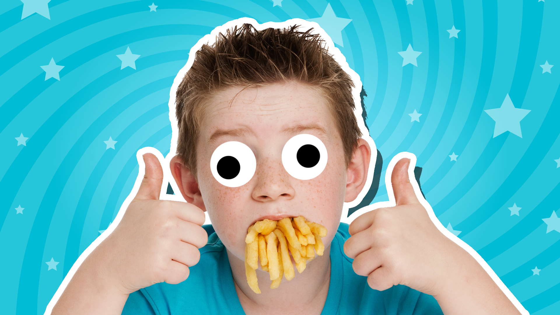 A child with a mouthful of chips, giving the thumbs up