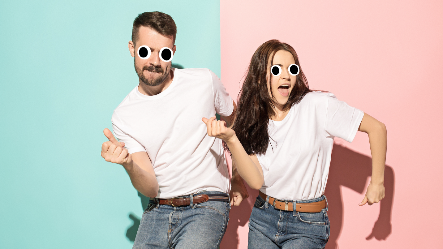 Man and woman dancing on blue and pink background