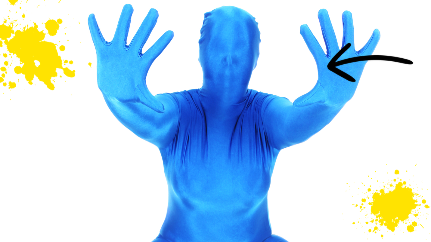Man in  blue morph suit on white background