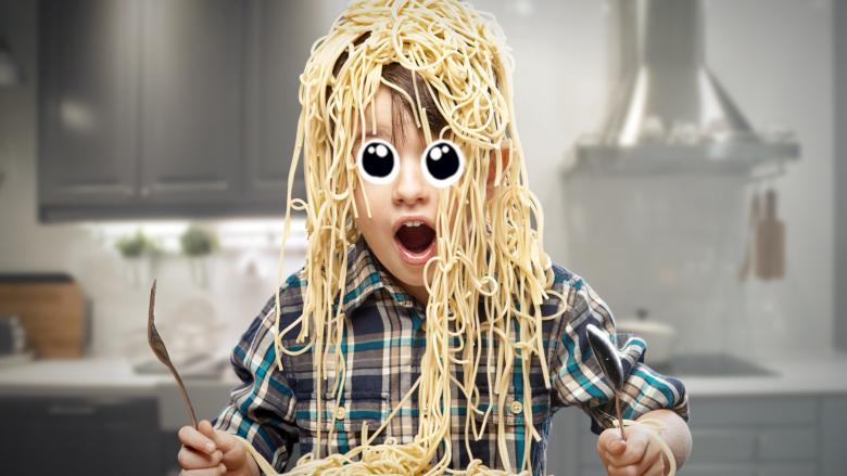 A child with spaghetti for hair