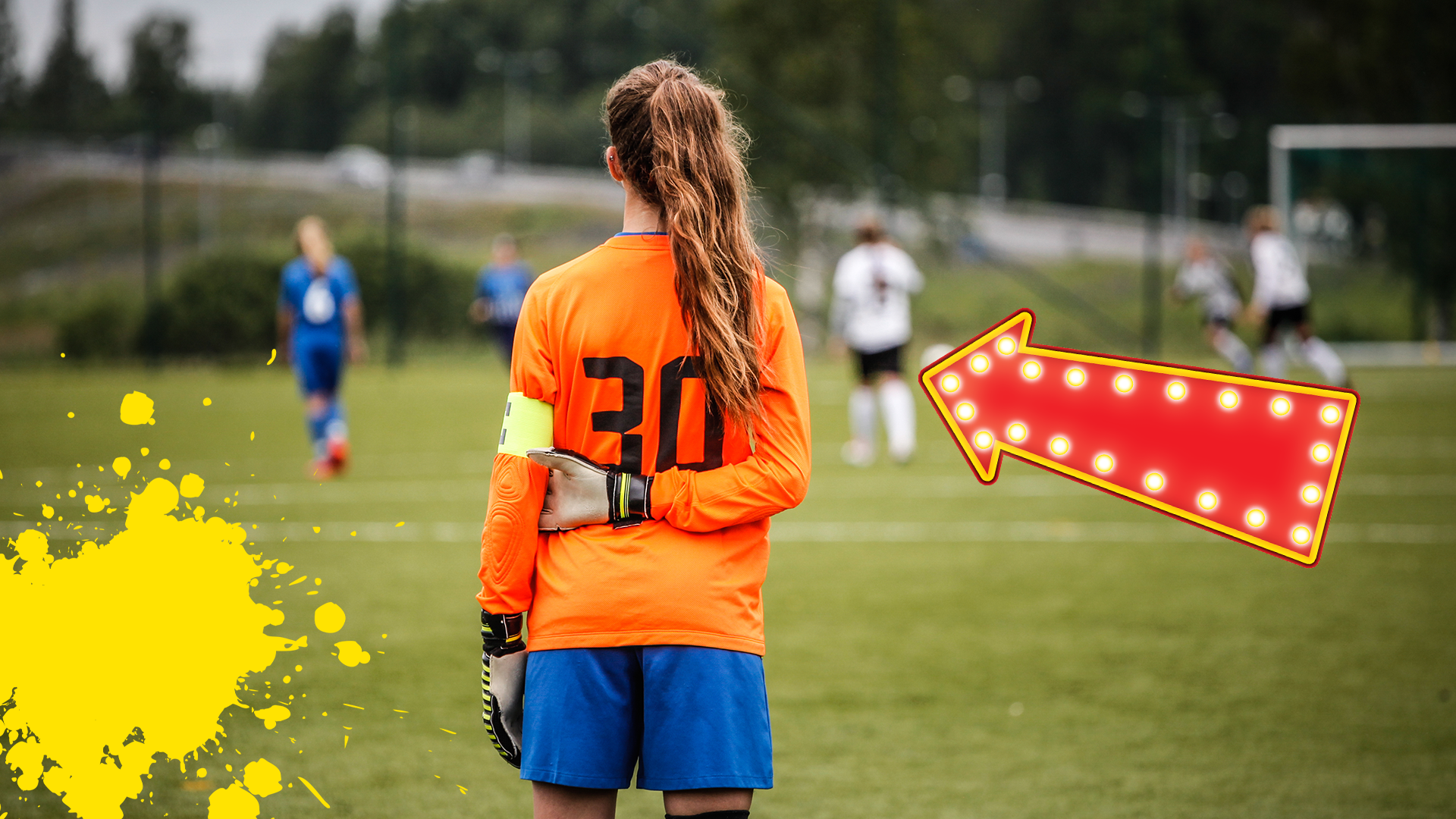 Female goalkeeper, arrow and yellow splats